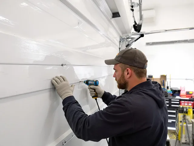 Country Club Garage Door Repair technician demonstrating precision dent removal techniques on a Country Club garage door
