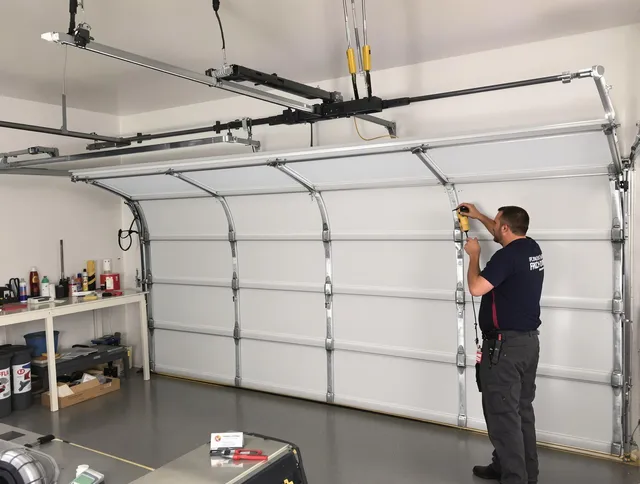 Country Club Garage Door Repair certified technician performing overhead door system repair in Country Club